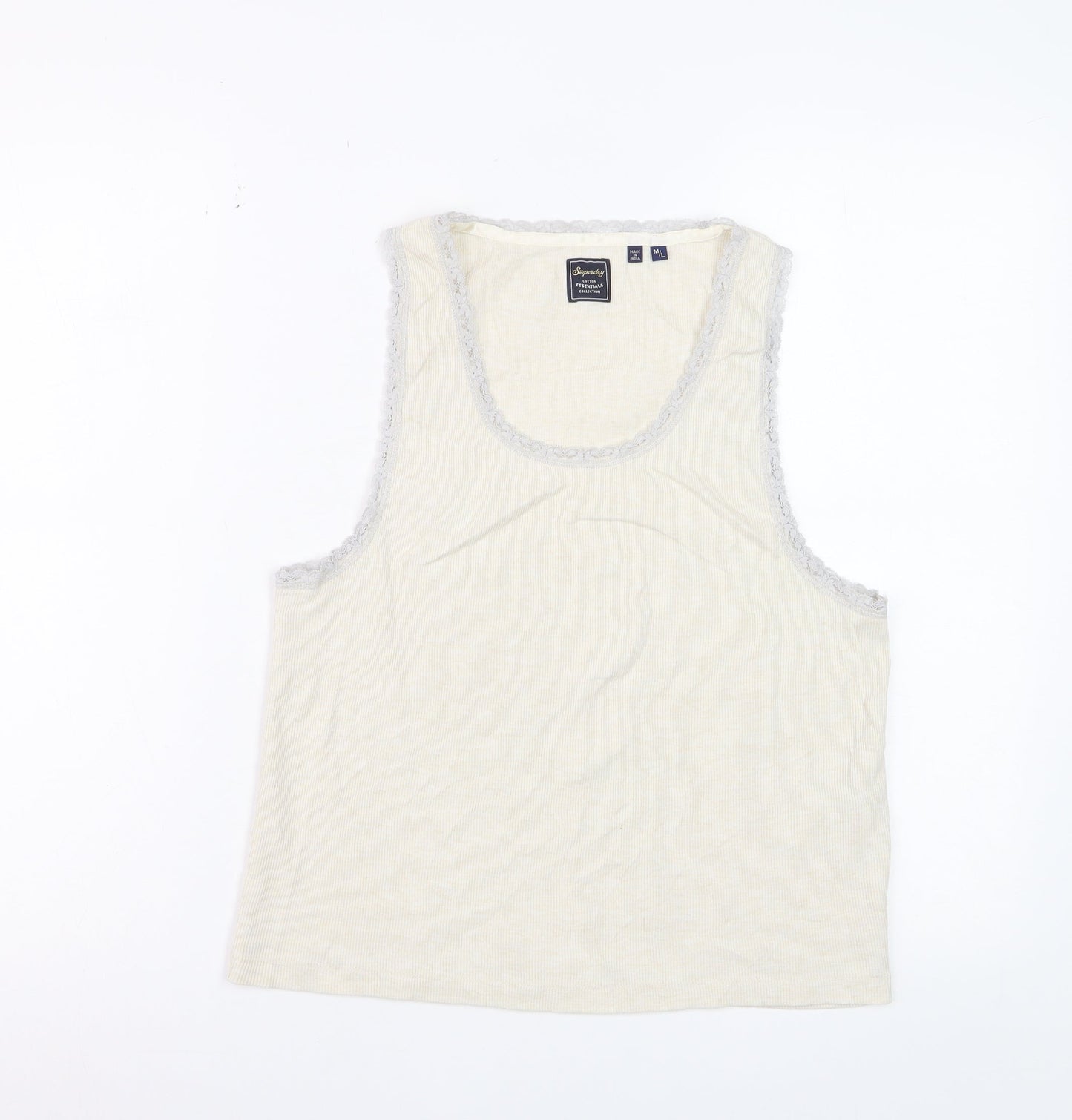 Superdry Women Ivory Lace Trim Cotton Tank Top M Regular Fit