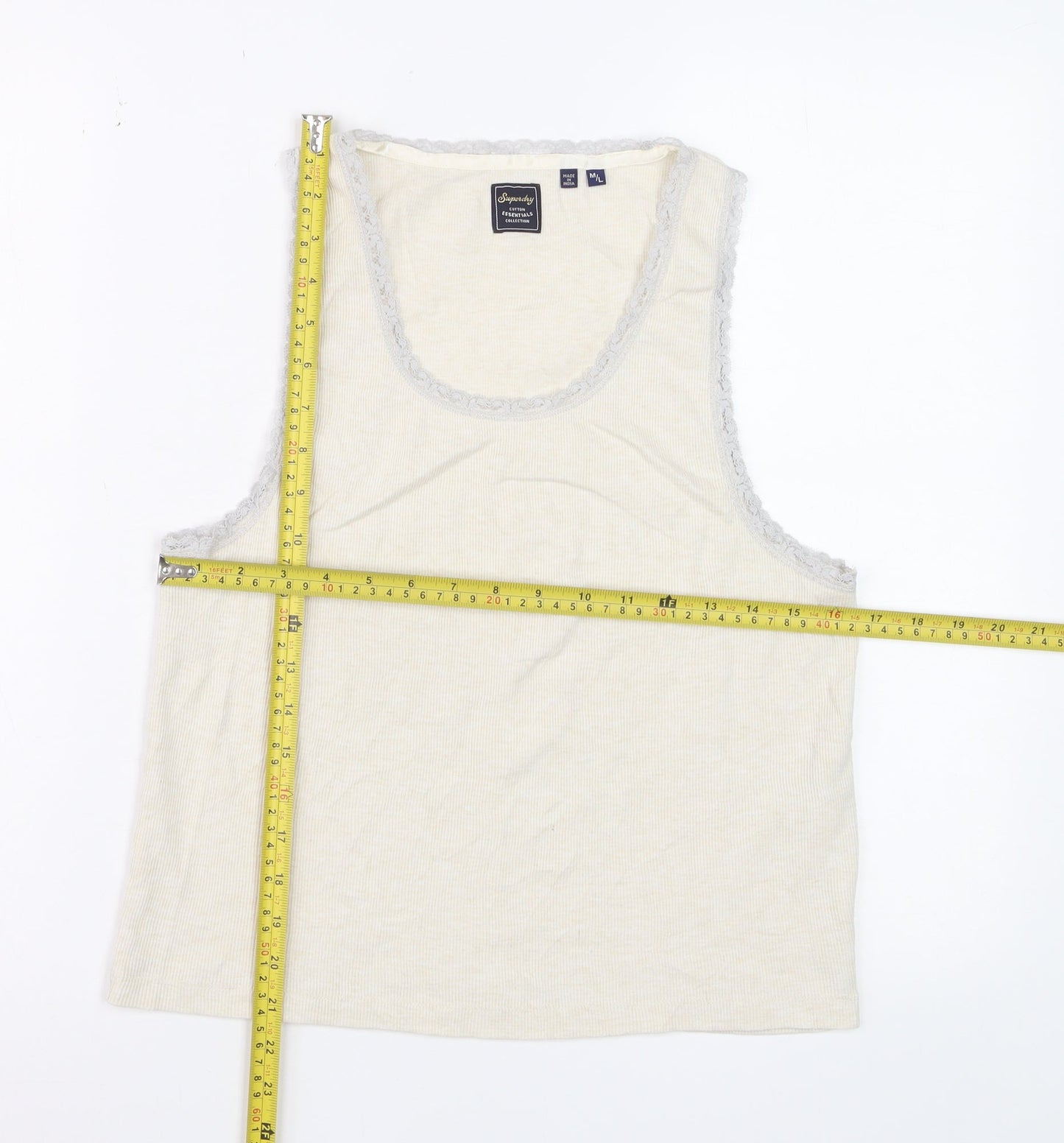 Superdry Women Ivory Lace Trim Cotton Tank Top M Regular Fit