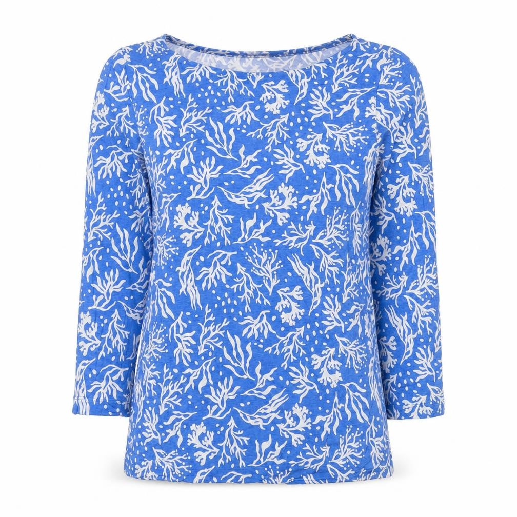 Hobbs Women Blue Floral 3/4 Sleeve Cotton Boat Neck T-Shirt M