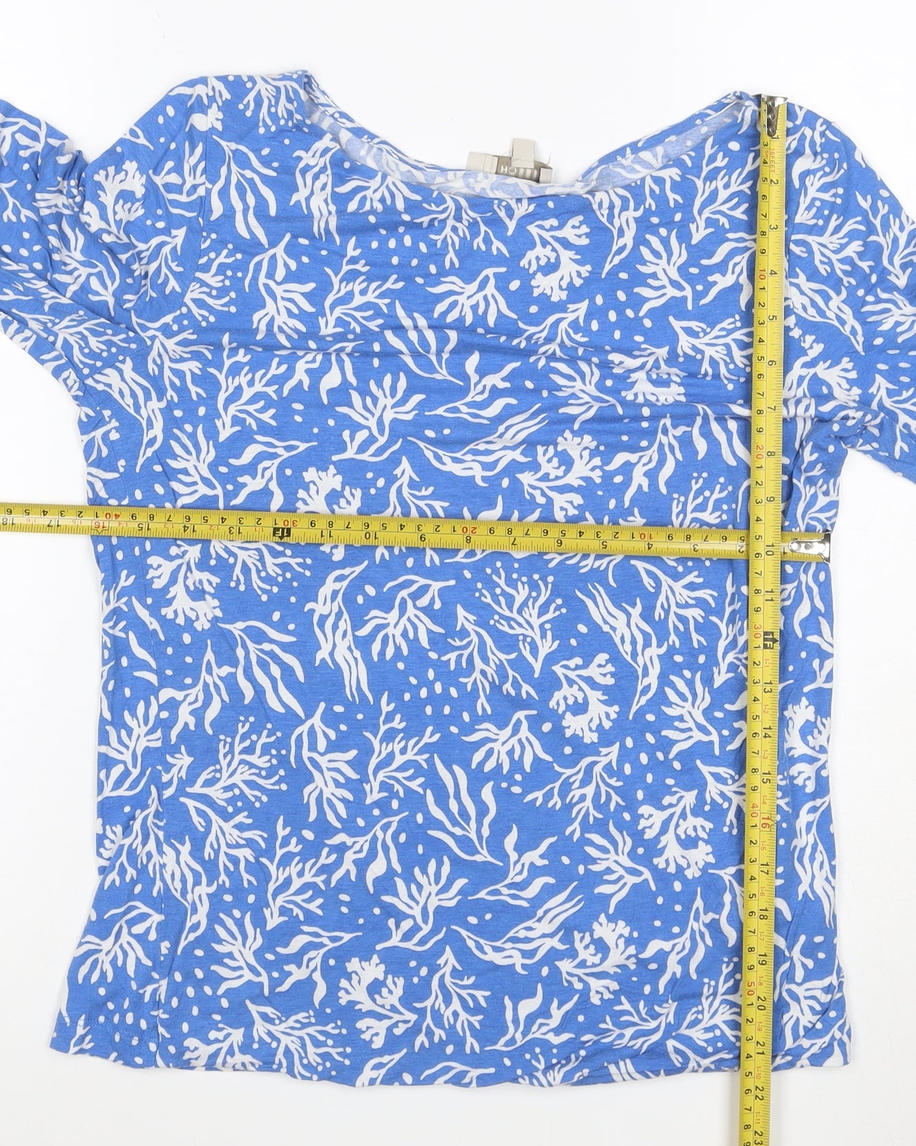 Hobbs Women Blue Floral 3/4 Sleeve Cotton Boat Neck T-Shirt M