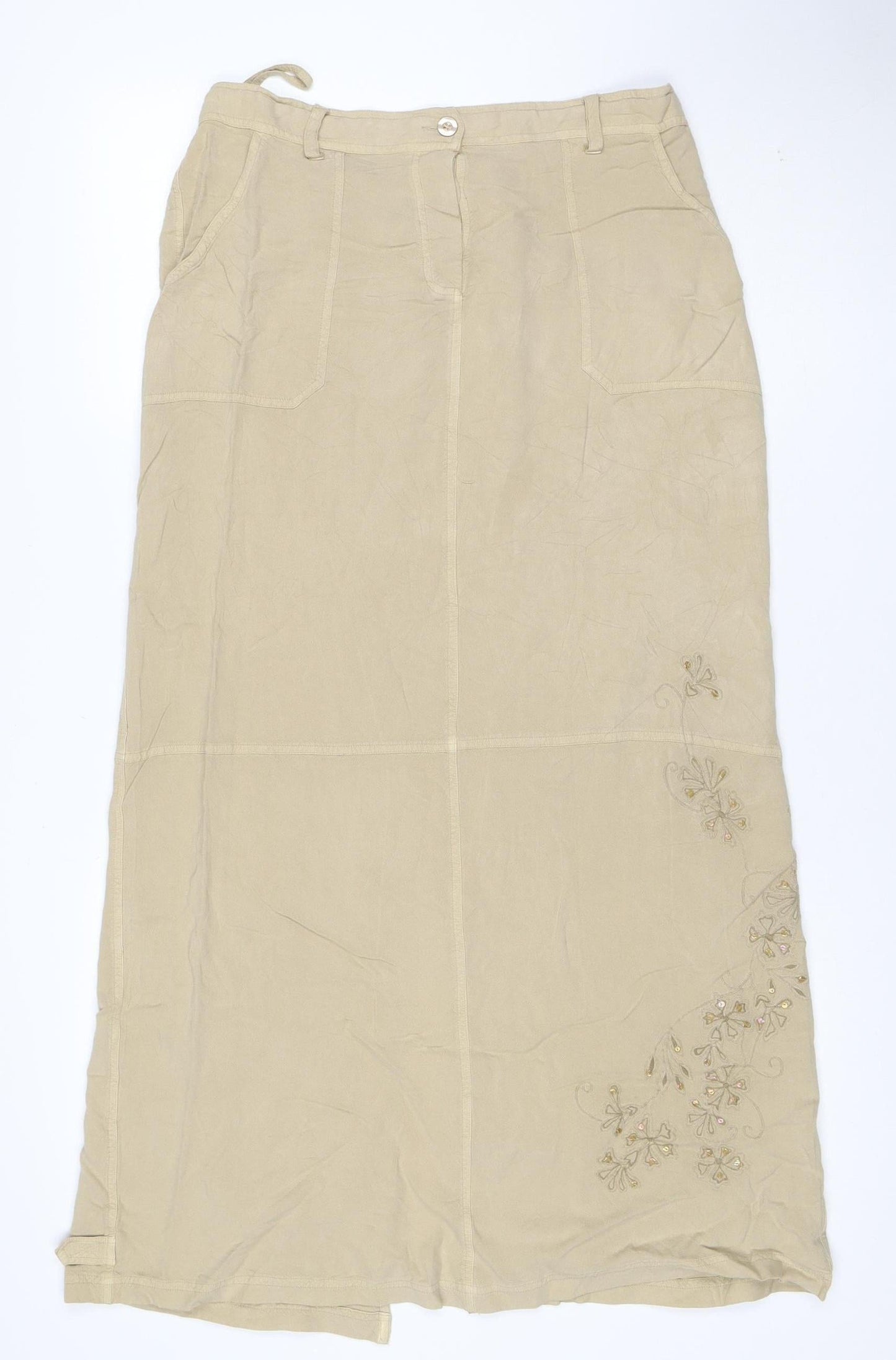 Wallis Women Beige Embroidered Floral A-Line Midi Skirt Size 12