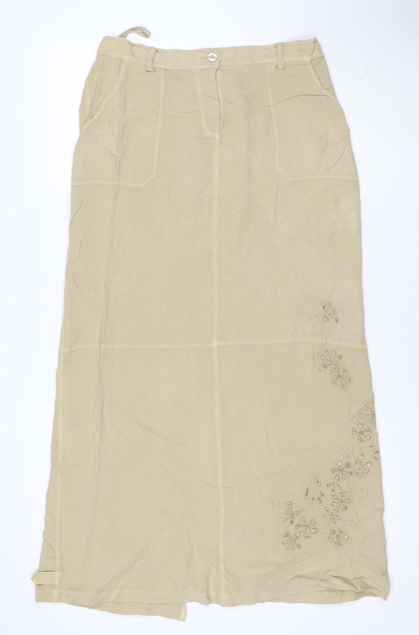 Wallis Women Beige Embroidered Floral A-Line Midi Skirt Size 12
