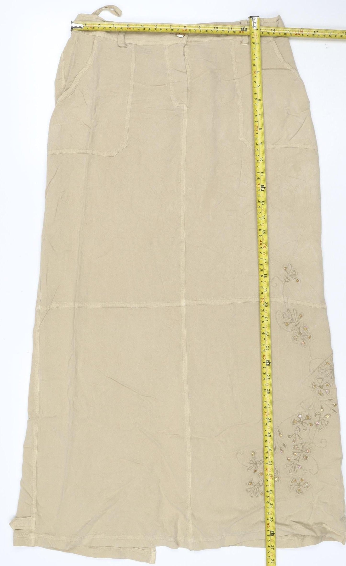 Wallis Women Beige Embroidered Floral A-Line Midi Skirt Size 12