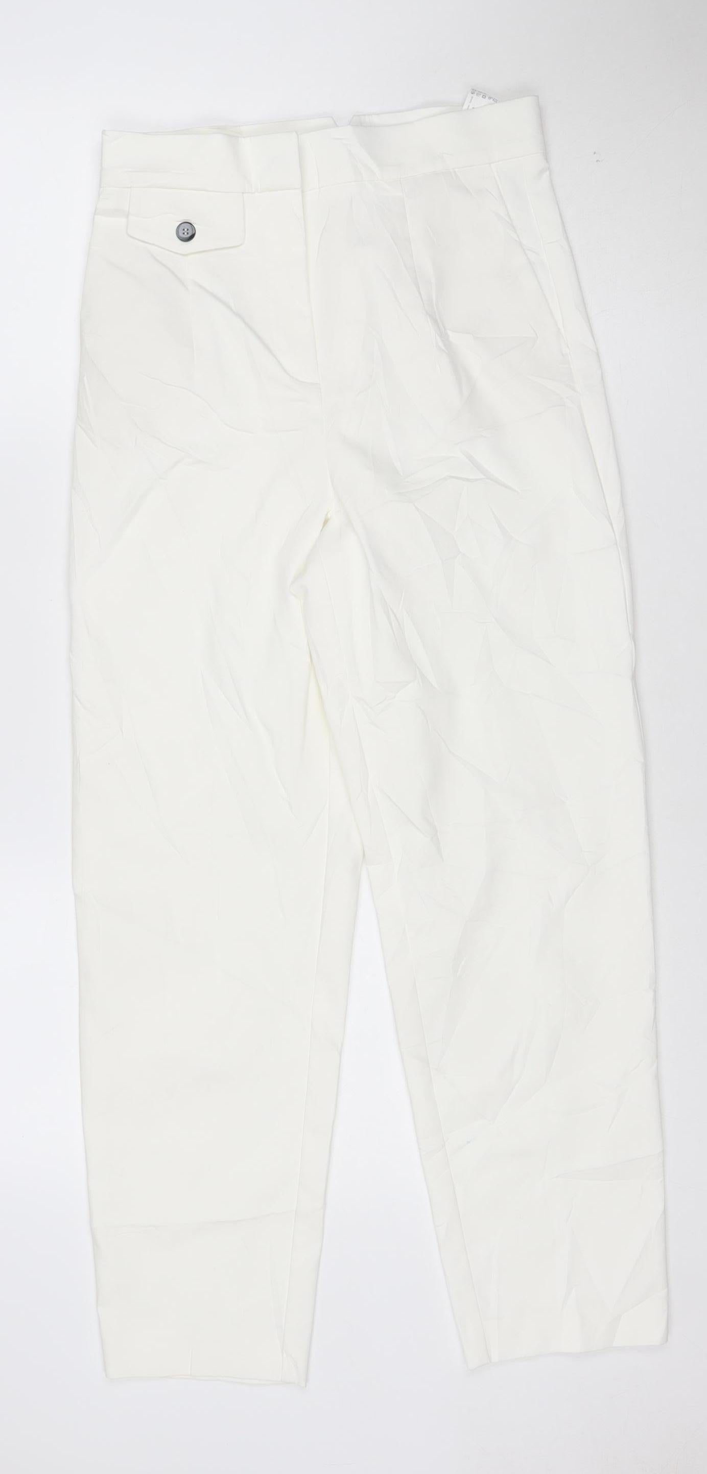 Zara Women White M Cropped Trousers Cotton Blend Classic Style
