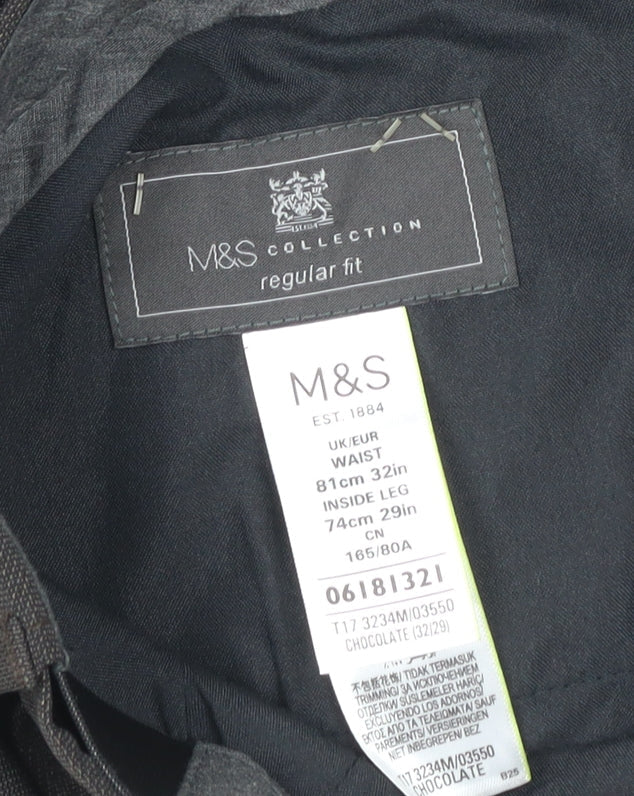 Marks and Spencer Men's Brown Regular Fit Dress Trousers 32W 29L