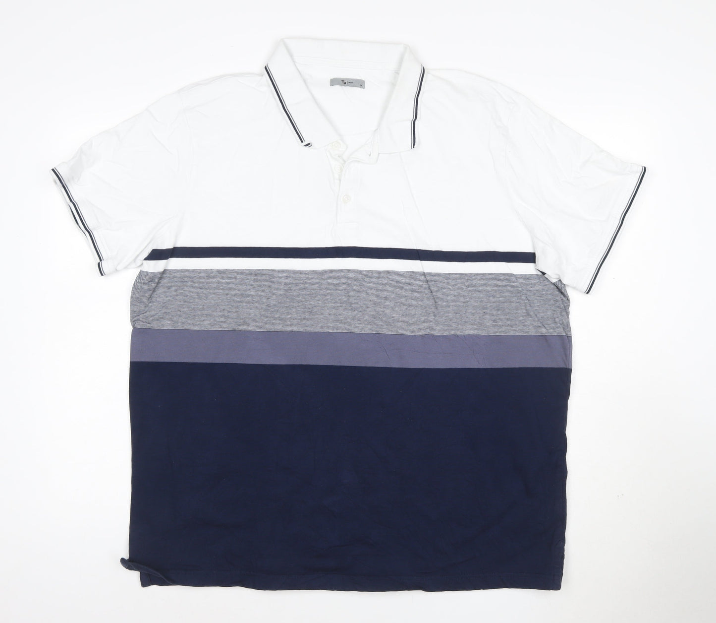 Tu Man White Navy Grey Striped Polo Shirt XL Cotton Short Sleeve