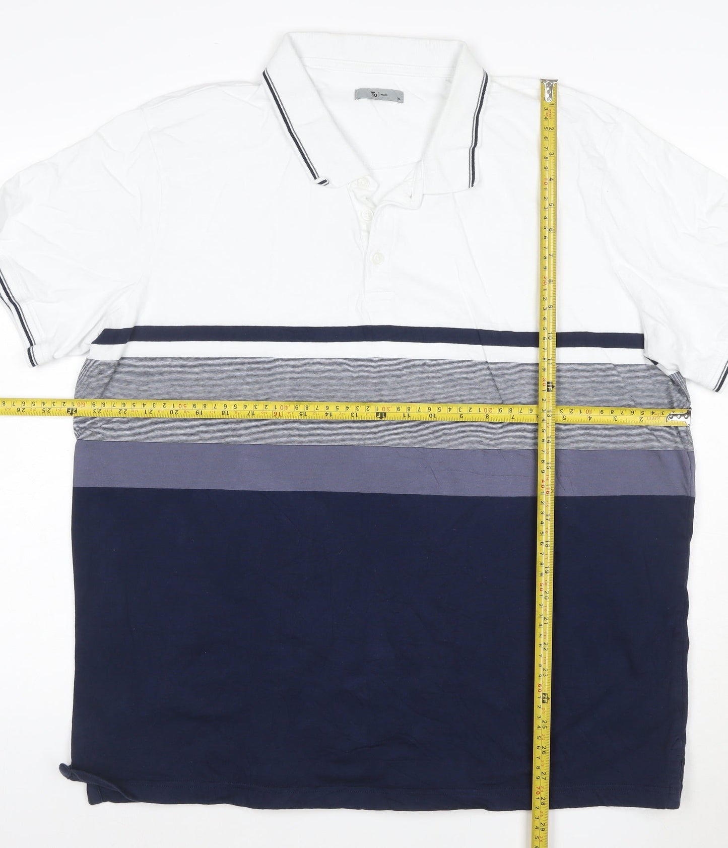 Tu Man White Navy Grey Striped Polo Shirt XL Cotton Short Sleeve
