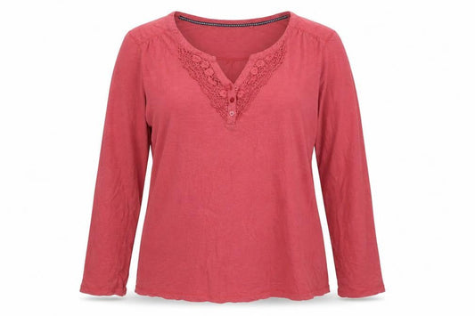 FatFace Women's Pink Cotton Long Sleeve Crochet V-Neck Top Size 16