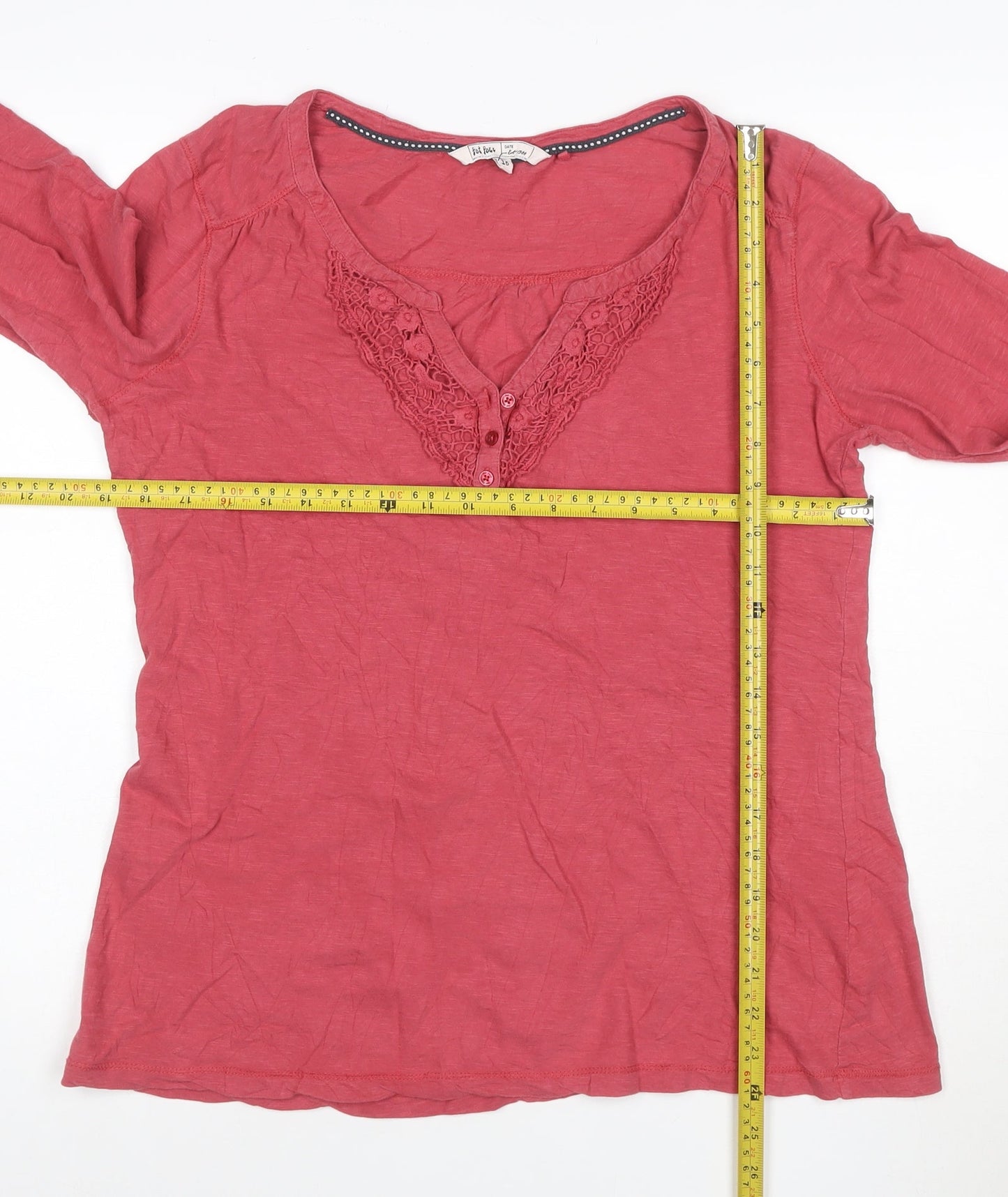Fat Face Women's Pink Cotton Long Sleeve Crochet V-Neck Top Size 16