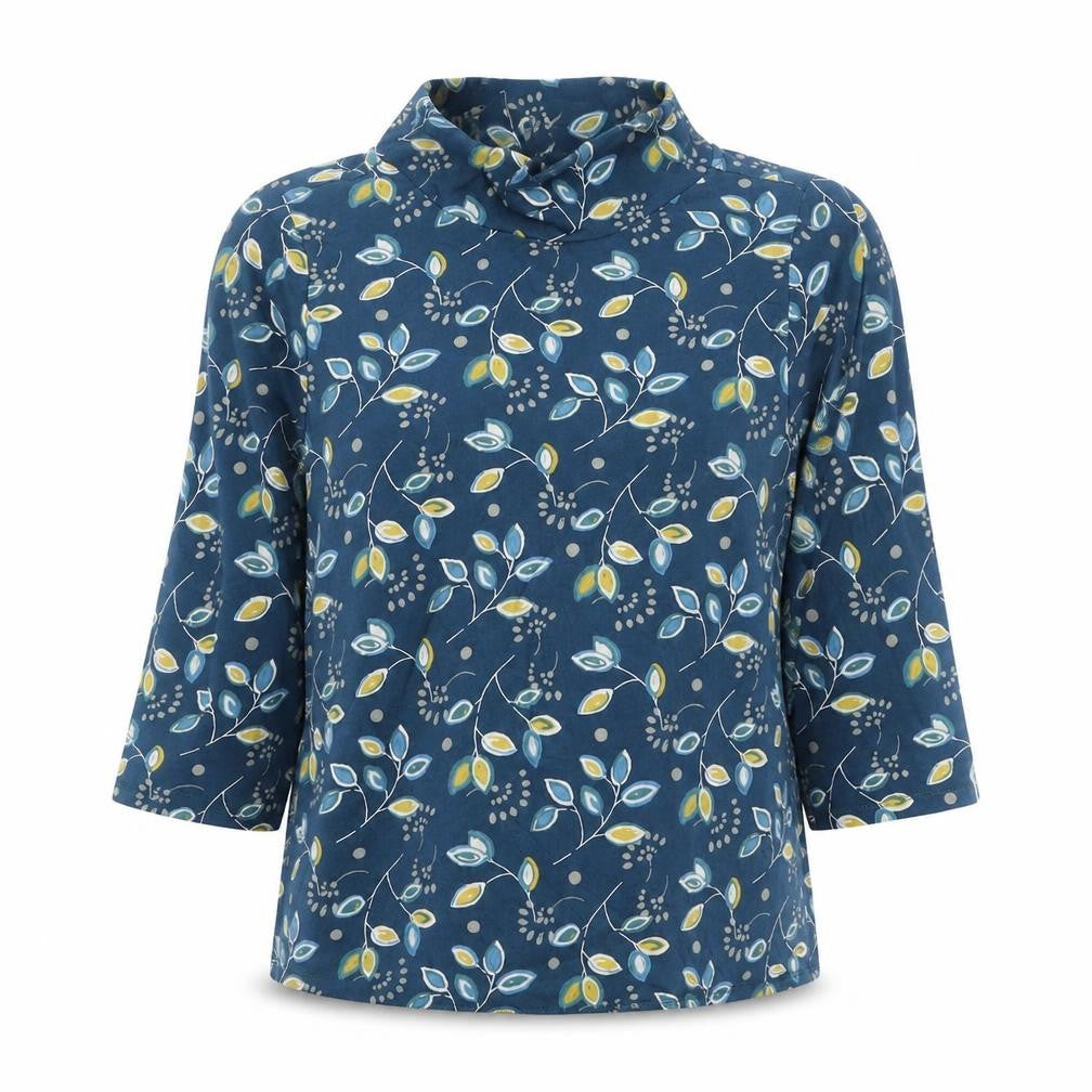 Seasalt Women Blue Floral Tunic Top Size 12 Cotton Cowl Neck 3/4 Sleeve