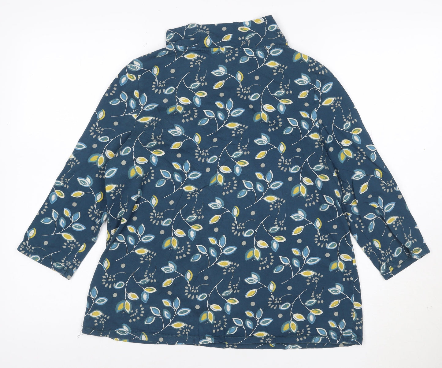 Seasalt Women Blue Floral Tunic Top Size 12 Cotton Cowl Neck 3/4 Sleeve