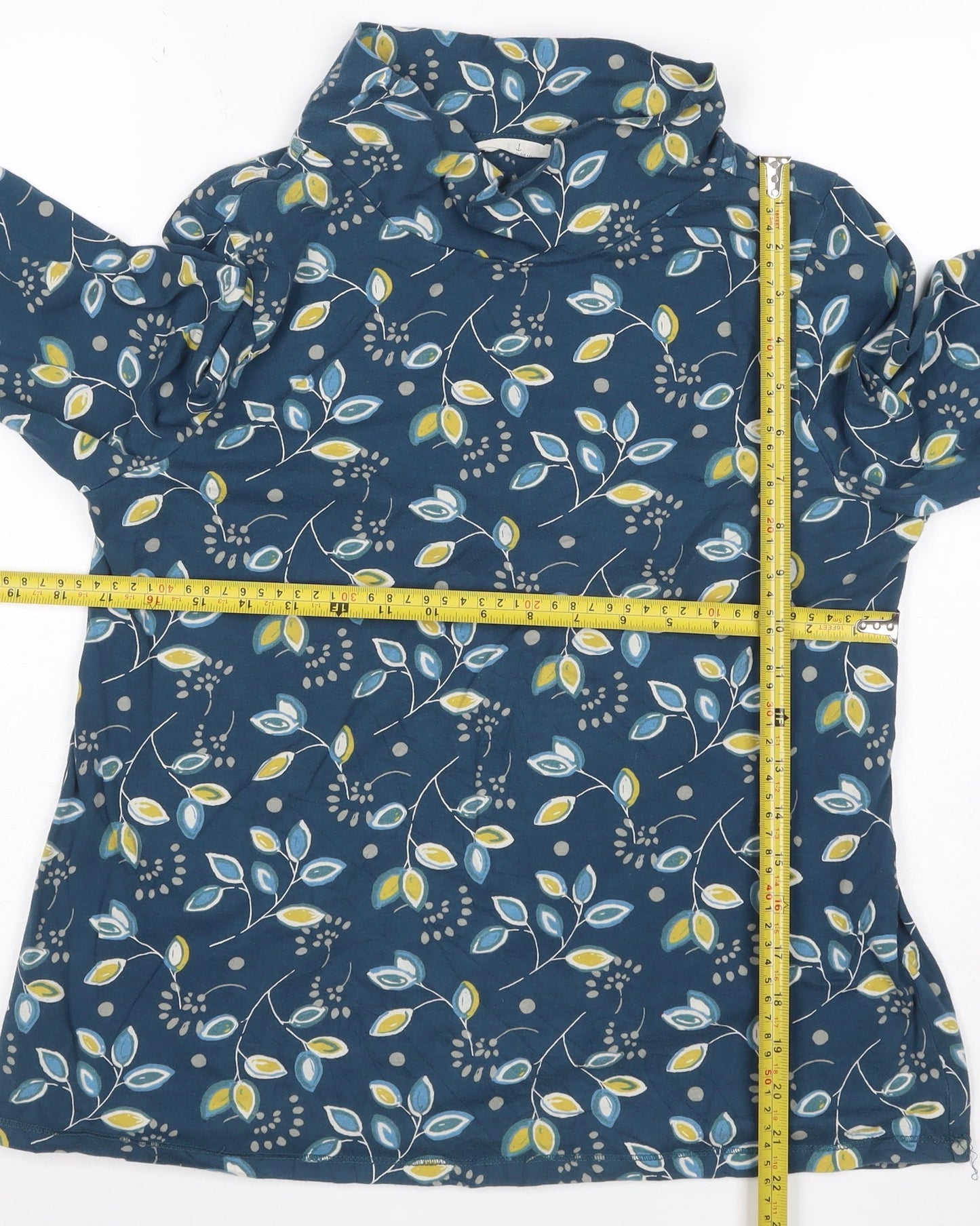 Seasalt Women Blue Floral Tunic Top Size 12 Cotton Cowl Neck 3/4 Sleeve