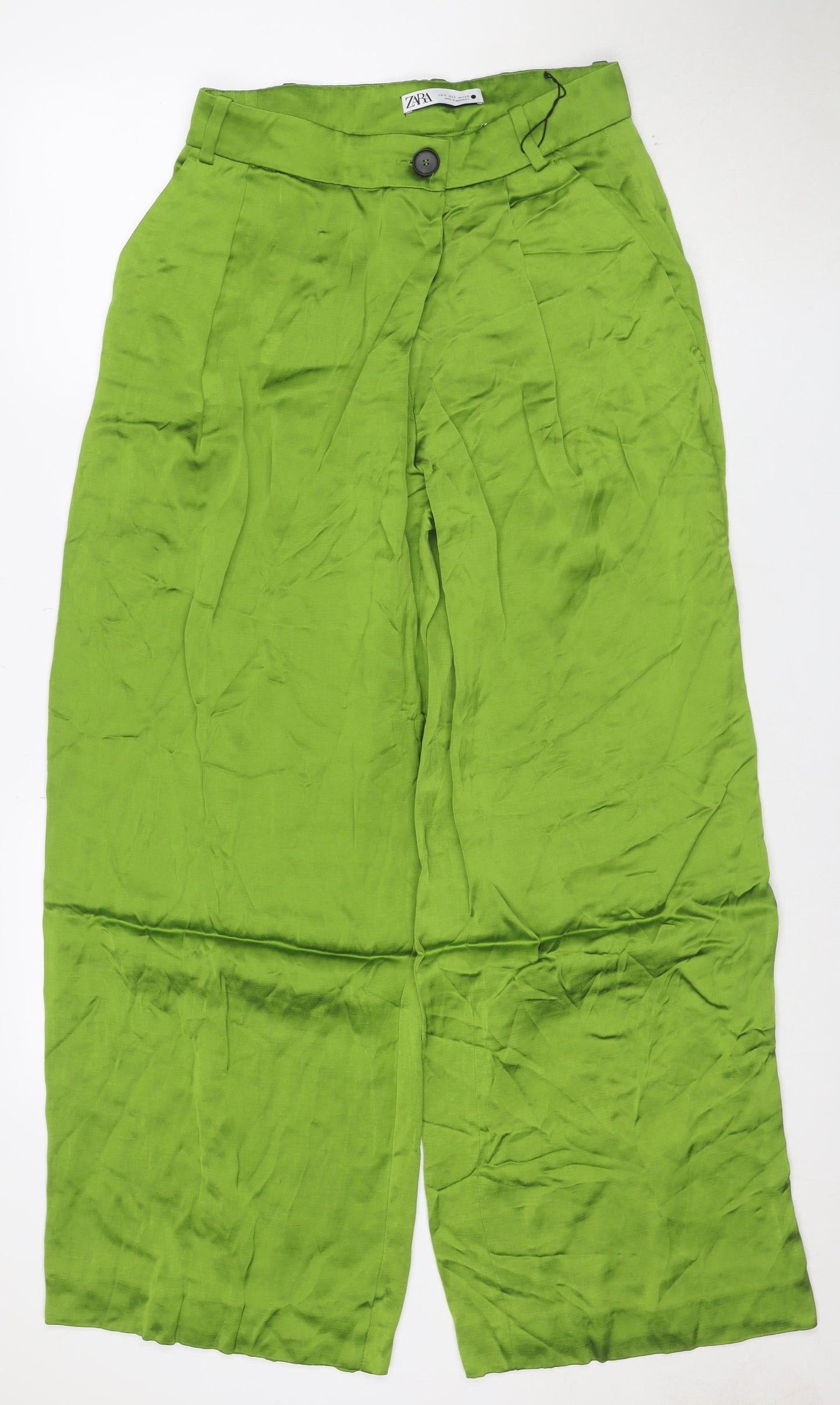 Zara Women Green Linen Blend Wide-Leg Trousers Size S