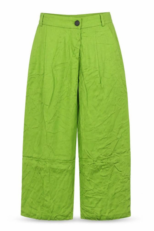 Zara Women Green Linen Blend Wide-Leg Trousers Size S