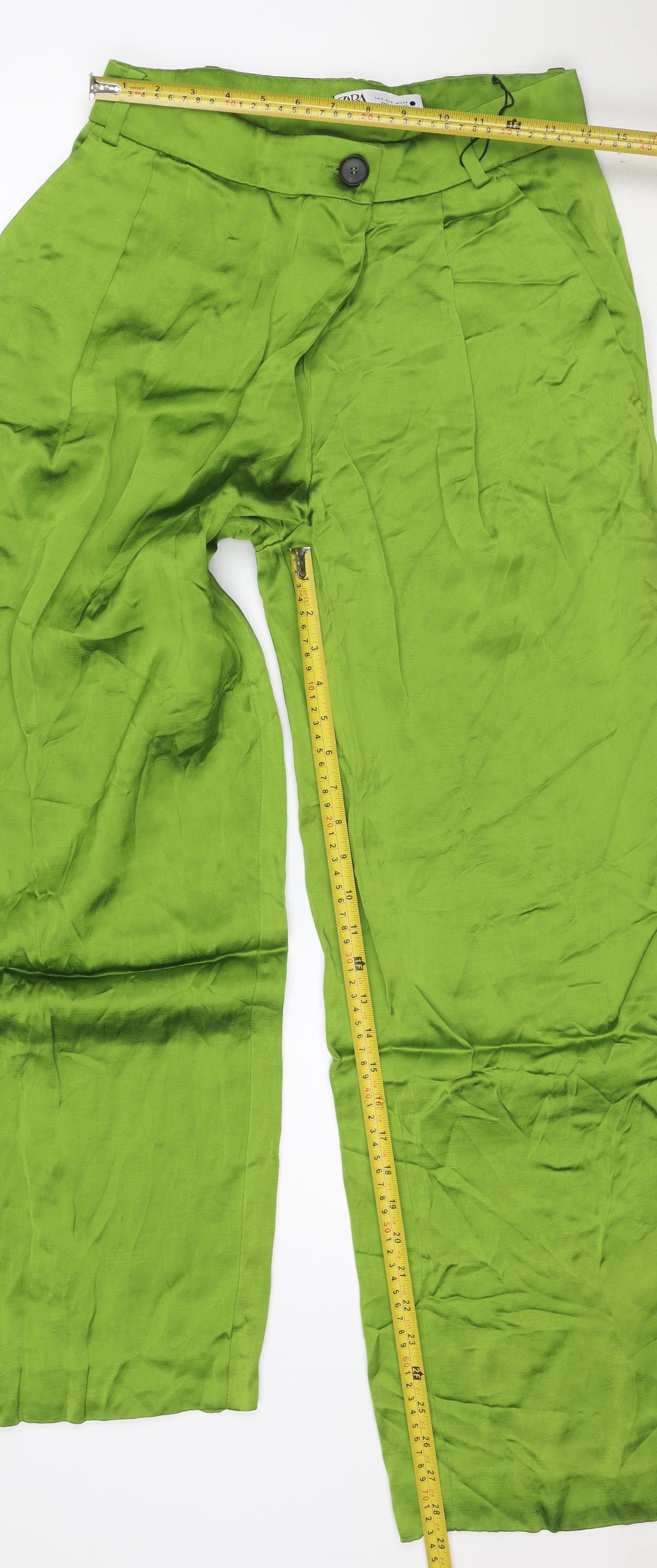 Zara Women Green Linen Blend Wide-Leg Trousers Size S