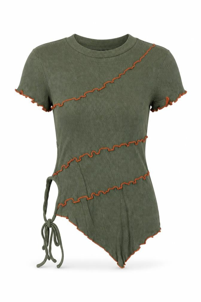 Collusion Womens Green Cropped Ruffle Tie T-Shirt UK 10