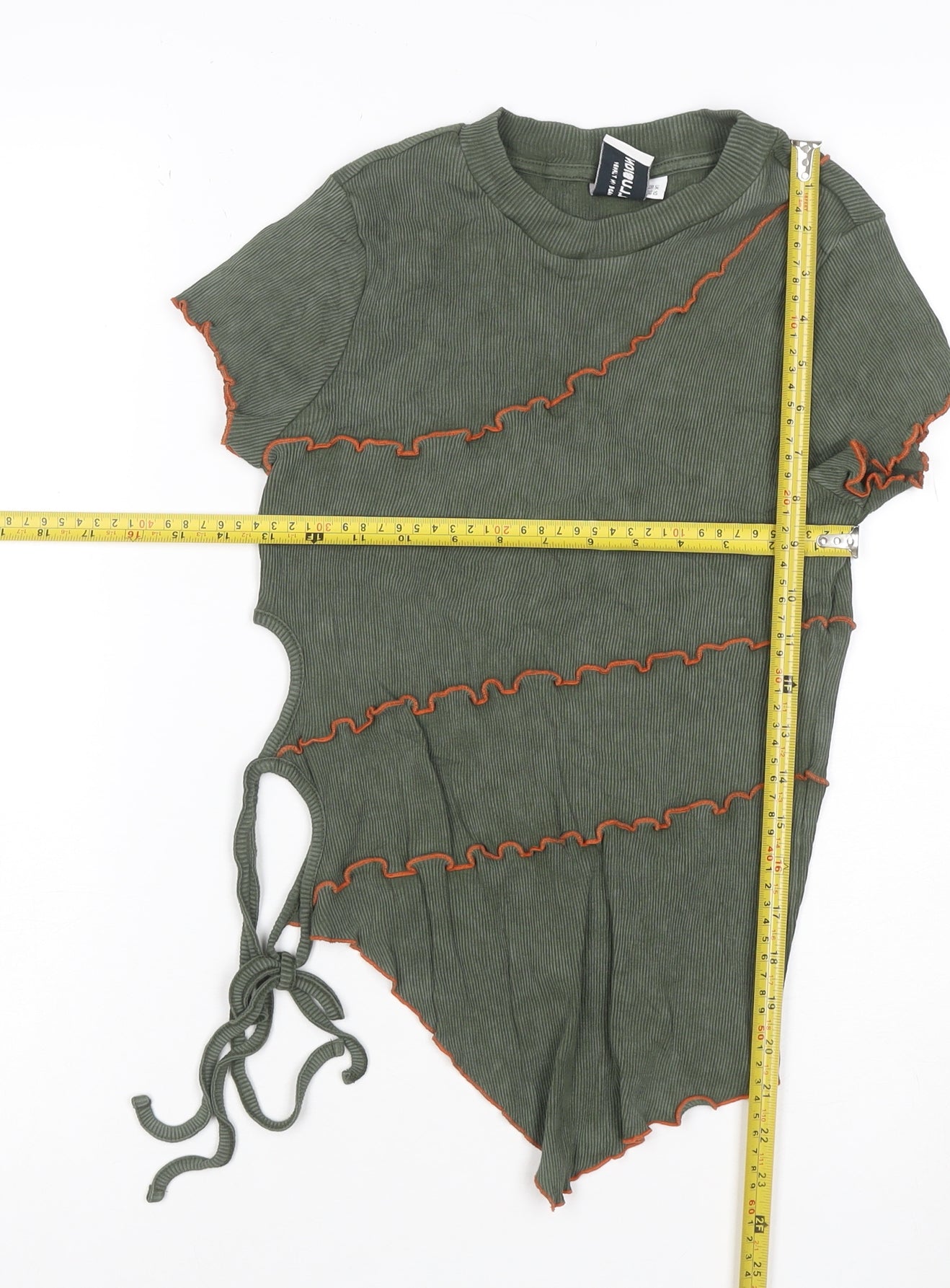 Collusion Womens Green Cropped Ruffle Tie T-Shirt UK 10