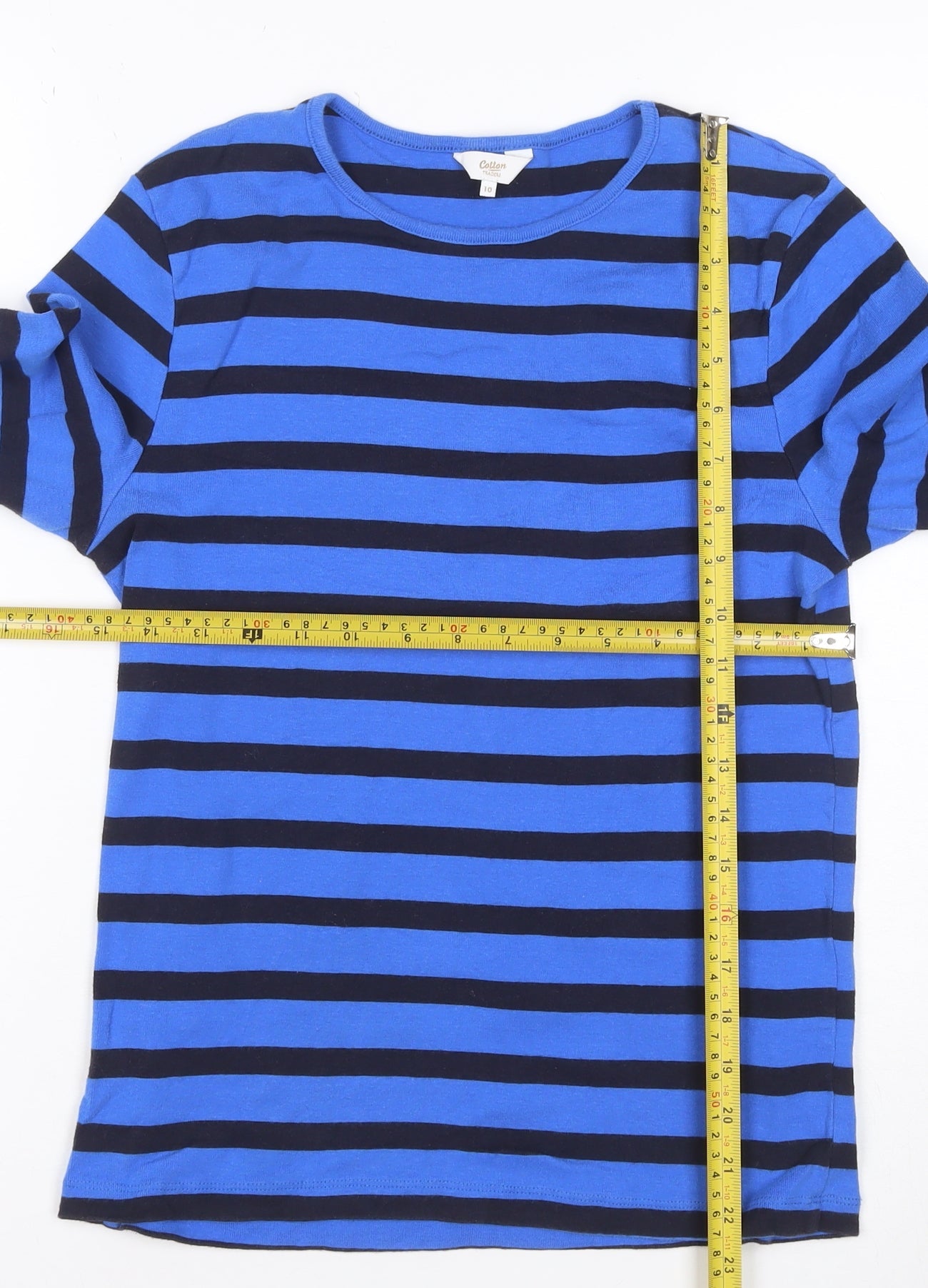 Cotton Traders Women Blue Striped Basic Long Sleeve T-Shirt Size 10
