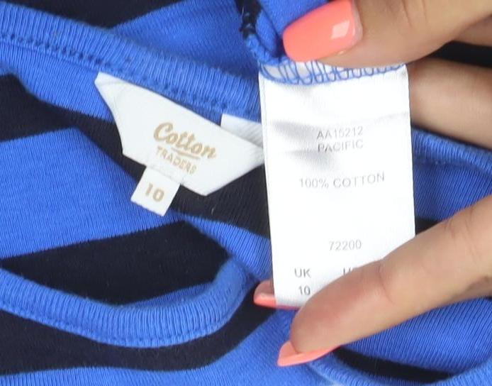Cotton Traders Women Blue Striped Basic Long Sleeve T-Shirt Size 10