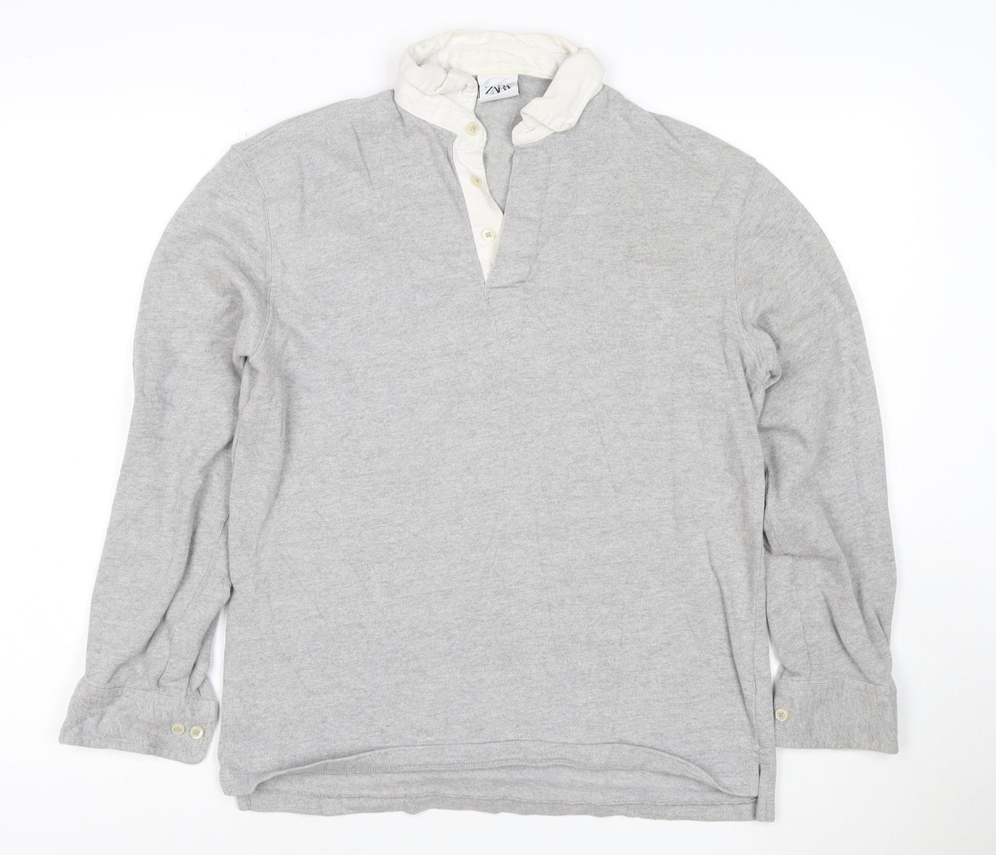 Zara Men’s Grey Long Sleeve Cotton Polo Shirt Size S