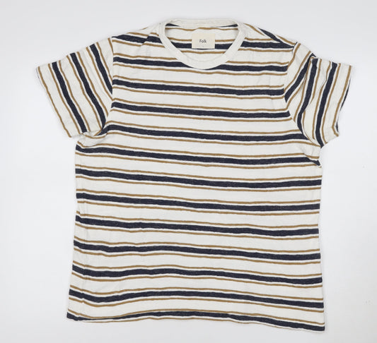 Folk Women’s Beige and Navy Striped Short Sleeve Cotton T-Shirt Size M