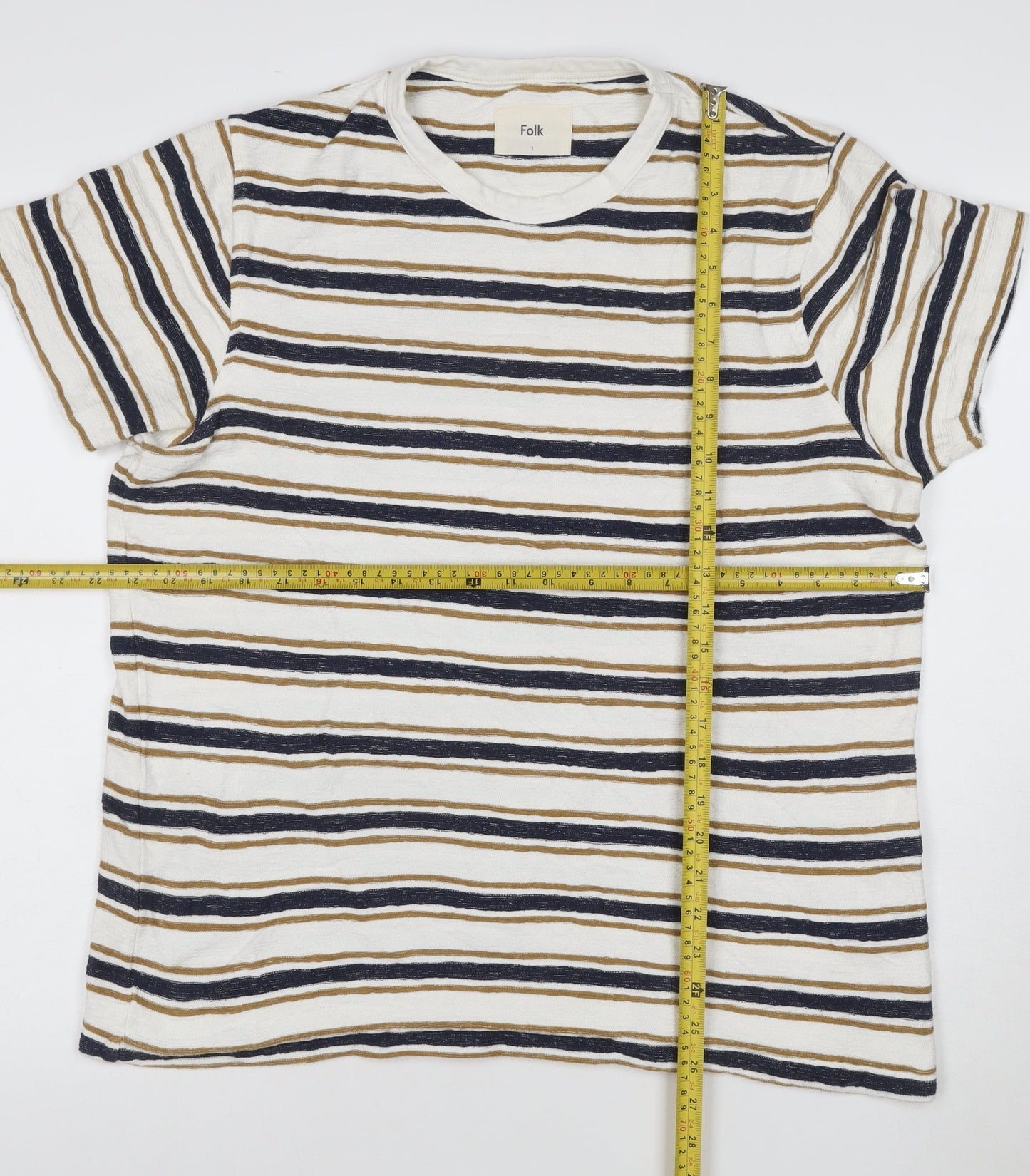 Folk Women’s Beige and Navy Striped Short Sleeve Cotton T-Shirt Size M