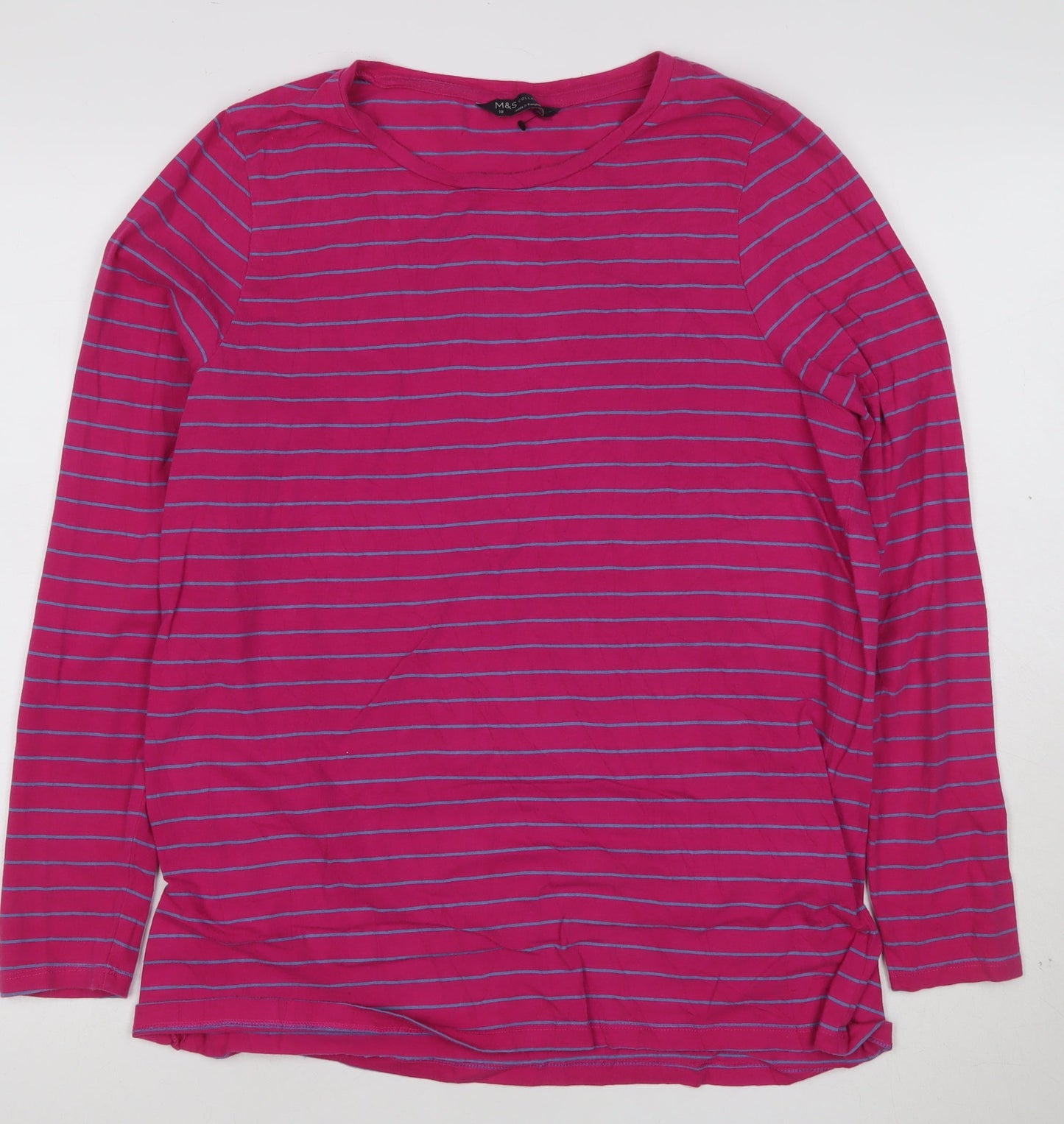 Marks and Spencer Women's Pink Striped Long Sleeve Cotton T-Shirt Size 18