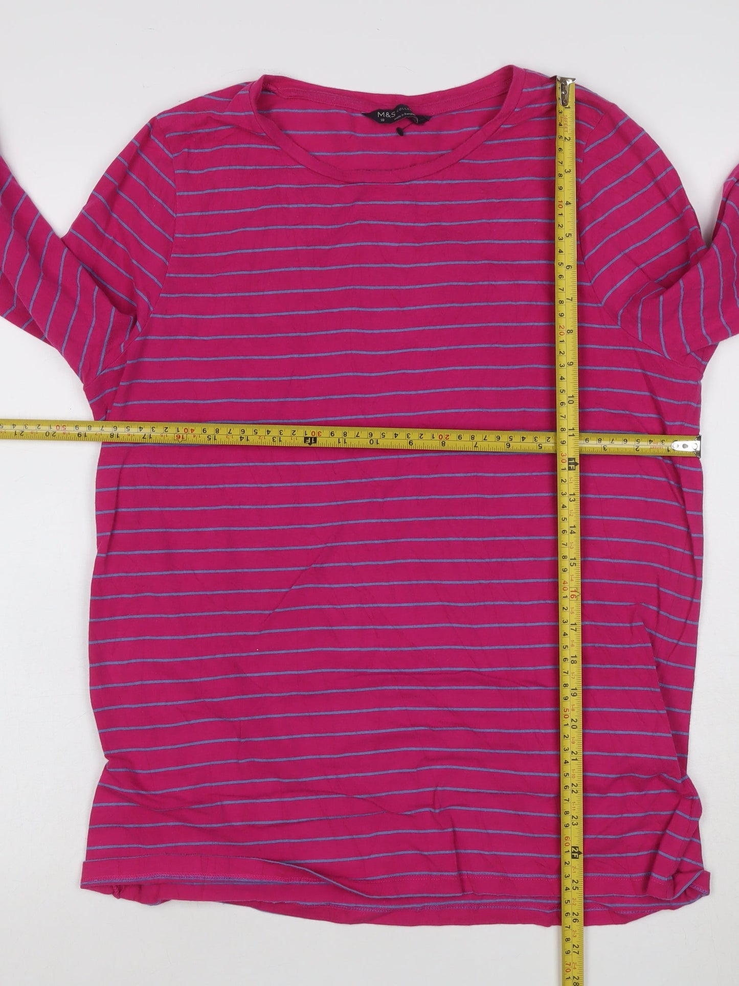 Marks and Spencer Women's Pink Striped Long Sleeve Cotton T-Shirt Size 18