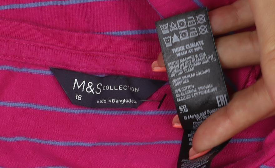 Marks and Spencer Women's Pink Striped Long Sleeve Cotton T-Shirt Size 18