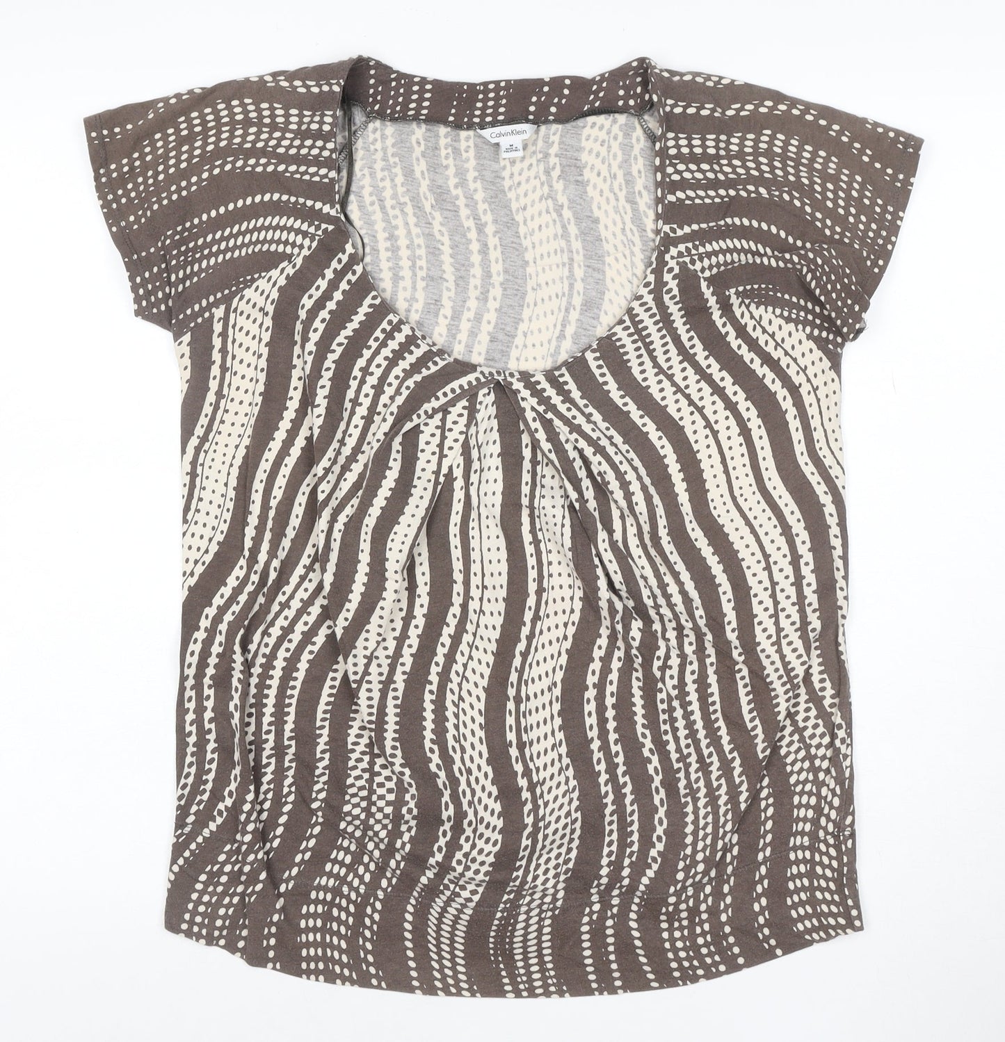 Calvin Klein Women Brown Beige Patterned 100% Cotton Scoop Neck T-Shirt M
