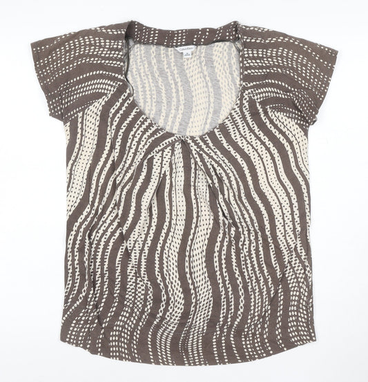 Calvin Klein Women Brown Beige Patterned 100% Cotton Scoop Neck T-Shirt M