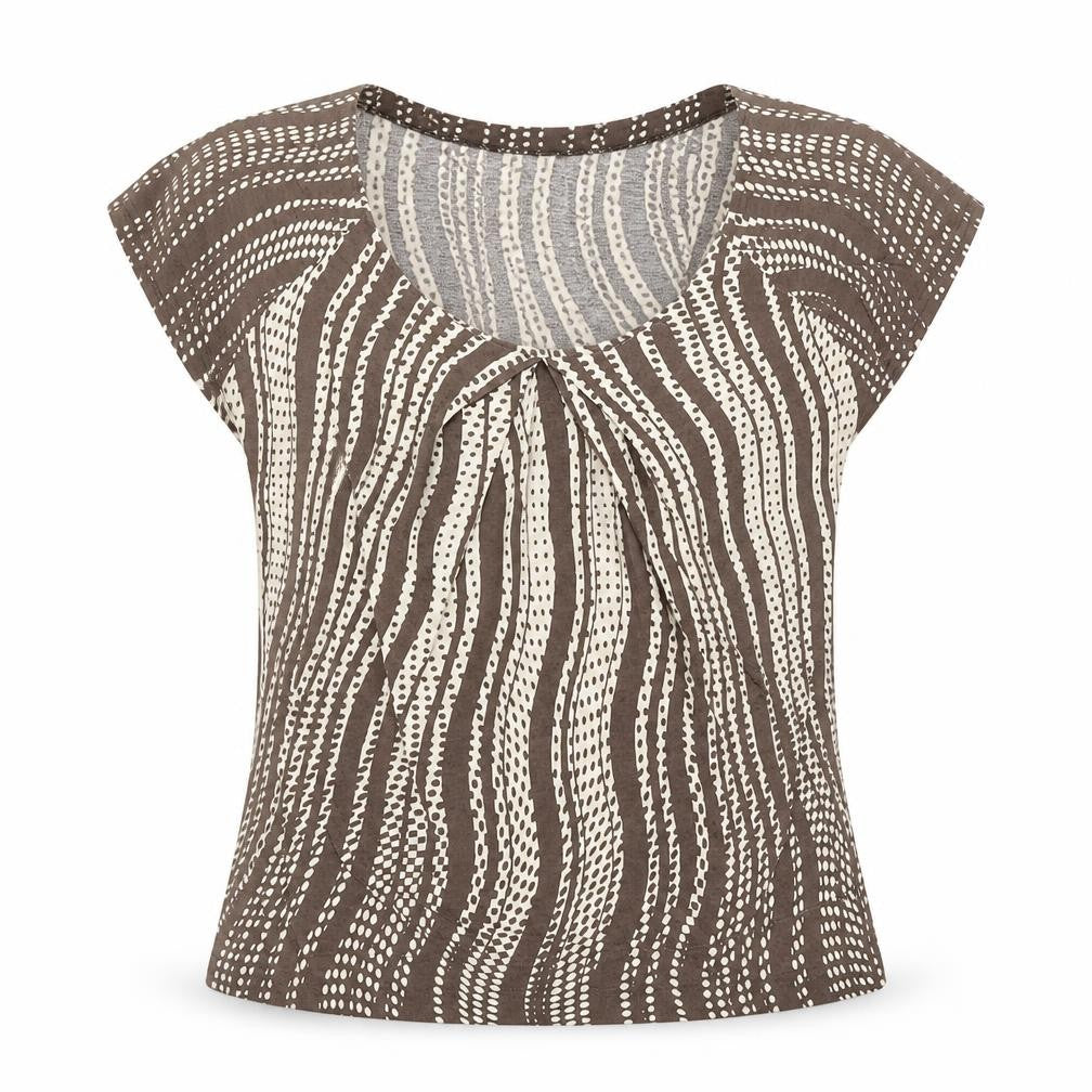 Calvin Klein Women Brown Beige Patterned 100% Cotton Scoop Neck T-Shirt M