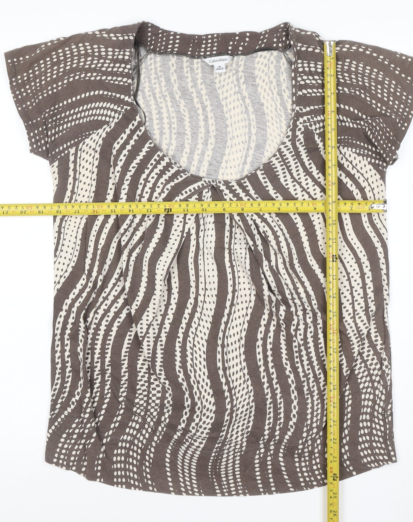 Calvin Klein Women Brown Beige Patterned 100% Cotton Scoop Neck T-Shirt M