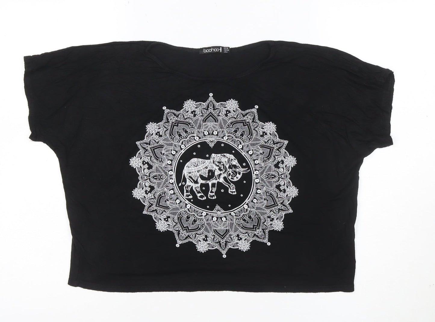 Boohoo Women's Black Elephant Cropped T-Shirt Size 10 Viscose Jersey