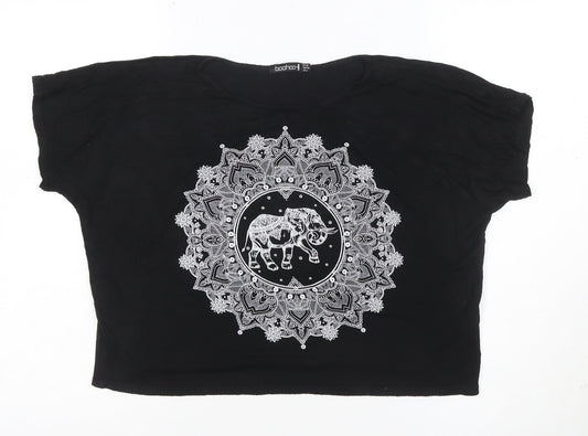 Boohoo Women's Black Elephant Cropped T-Shirt Size 10 Viscose Jersey