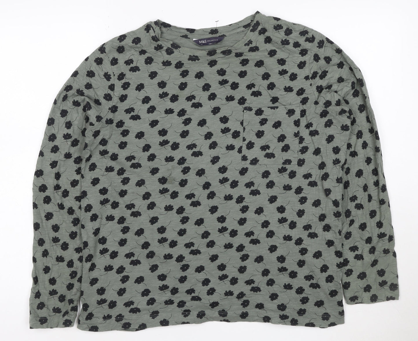 Marks and Spencer Womens Green Floral Cotton Long Sleeve T-Shirt Size 14