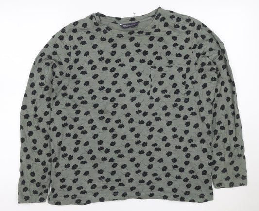 Marks and Spencer Womens Green Floral Cotton Long Sleeve T-Shirt Size 14
