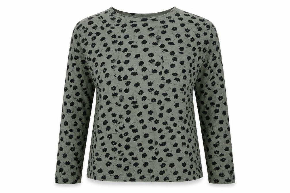Marks & Spencer Womens Green Floral Cotton Long Sleeve T-Shirt Size 14