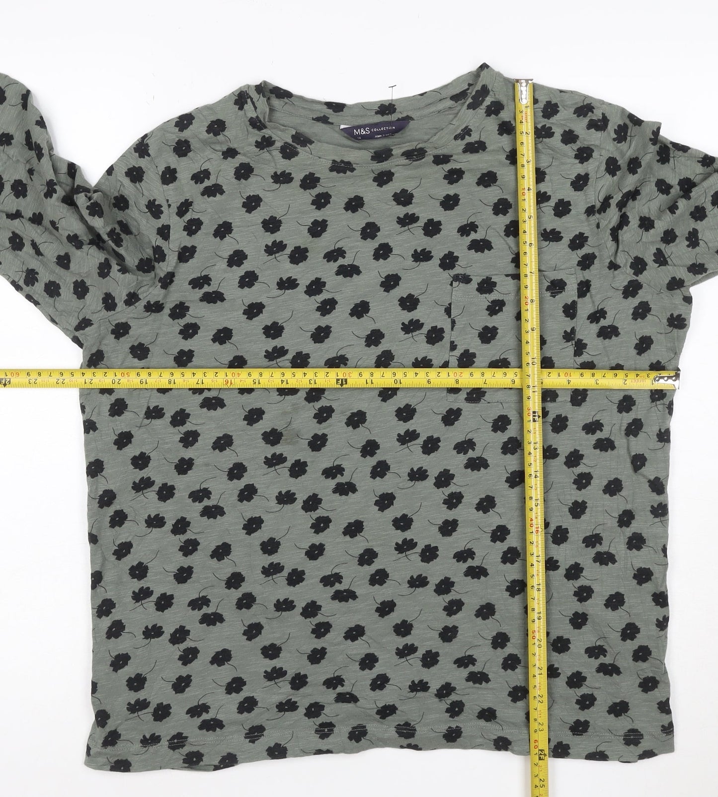 Marks and Spencer Womens Green Floral Cotton Long Sleeve T-Shirt Size 14