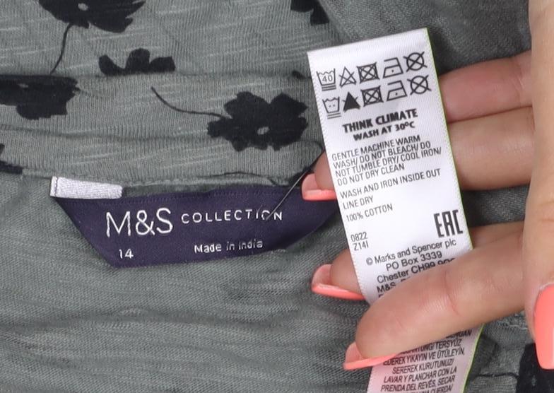 Marks and Spencer Womens Green Floral Cotton Long Sleeve T-Shirt Size 14