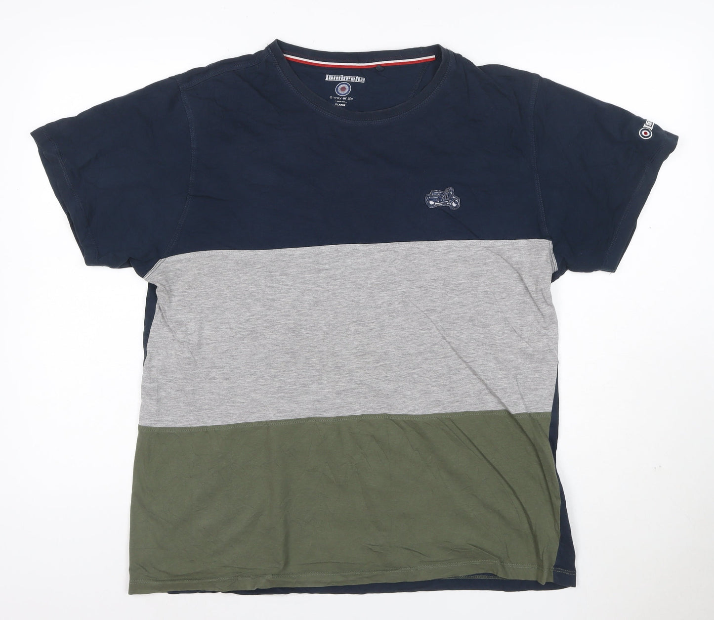 Lambretta Men's Navy Grey Khaki Colourblock Cotton T-Shirt XL