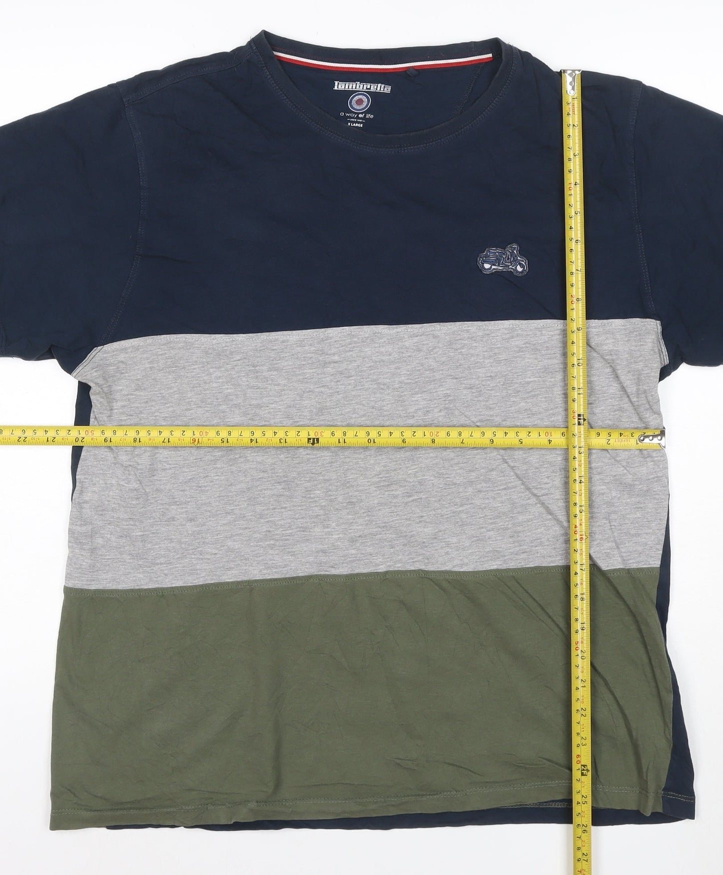 Lambretta Men's Navy Grey Khaki Colourblock Cotton T-Shirt XL