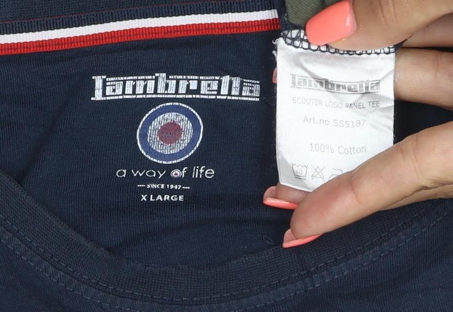 Lambretta Men's Navy Grey Khaki Colourblock Cotton T-Shirt XL