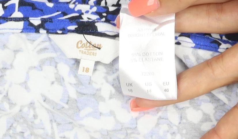 Cotton Traders Women's Blue Floral 3/4 Sleeve Cotton T-Shirt Size 18
