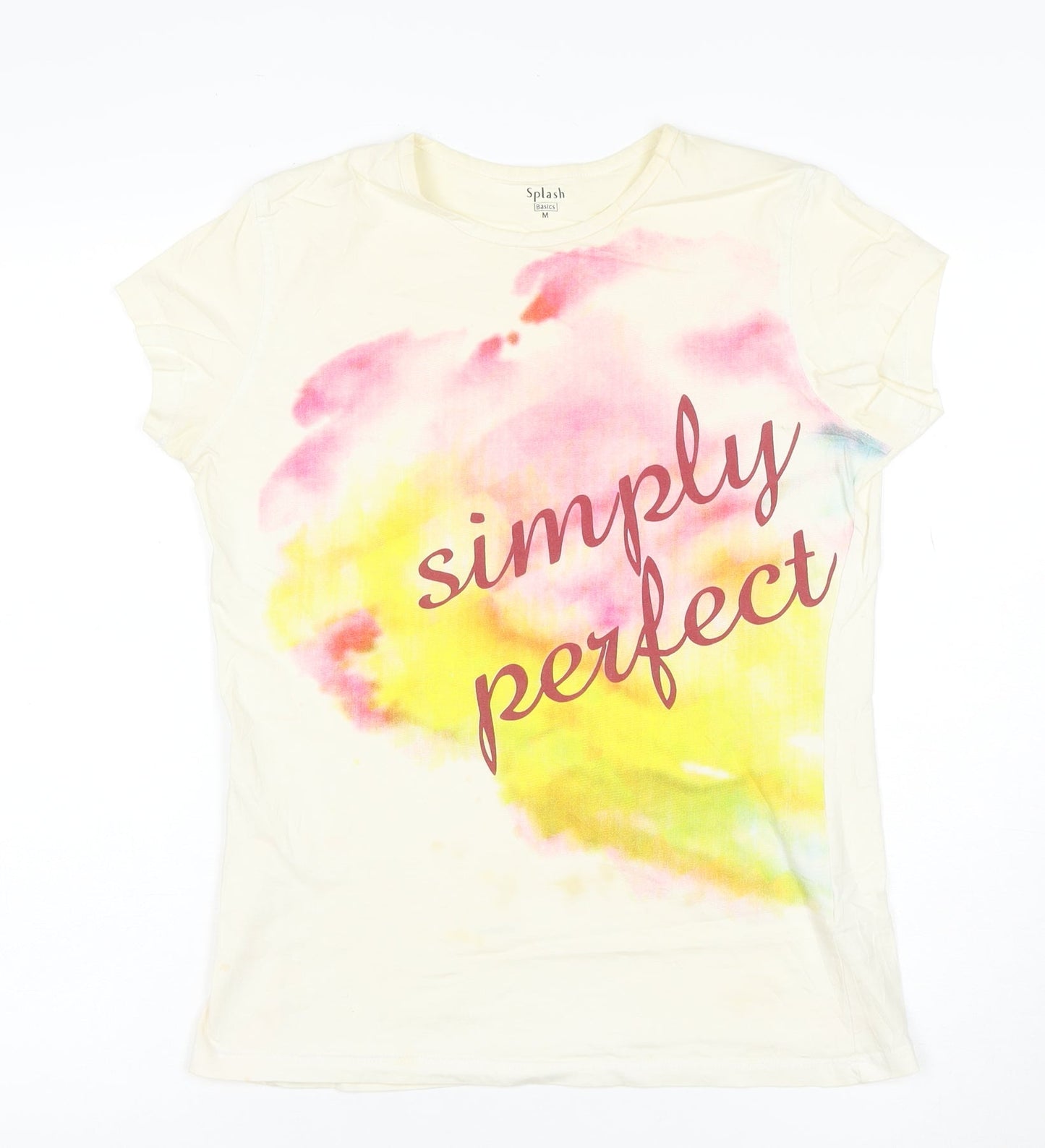 Splash Womens Ivory T-Shirt M Basic Short Sleeve Crew Neck Cotton