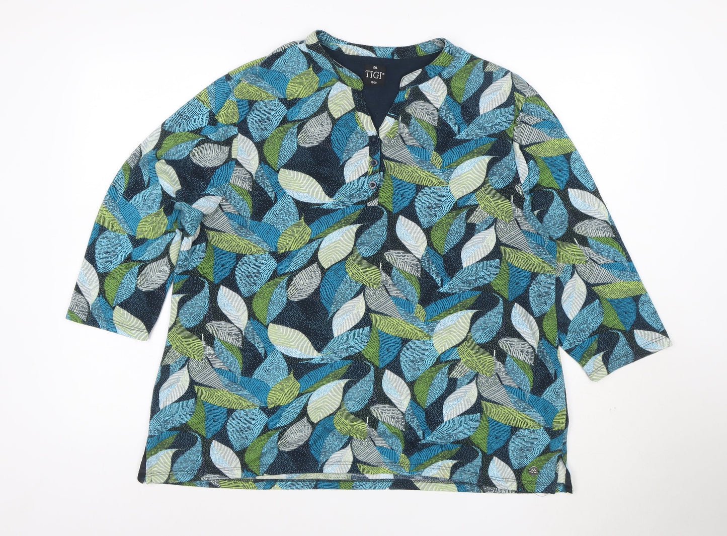 Tigi Women's Multicoloured Leaf Print Henley Tunic Blouse Size 18