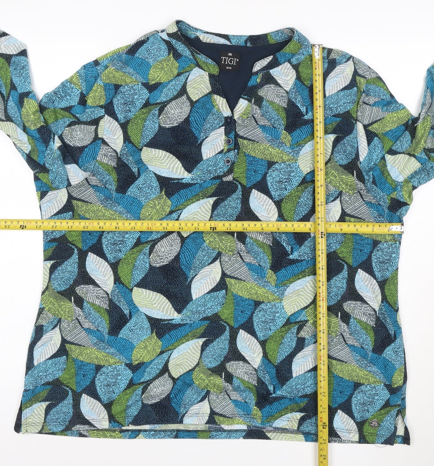 Tigi Women's Multicoloured Leaf Print Henley Tunic Blouse Size 18