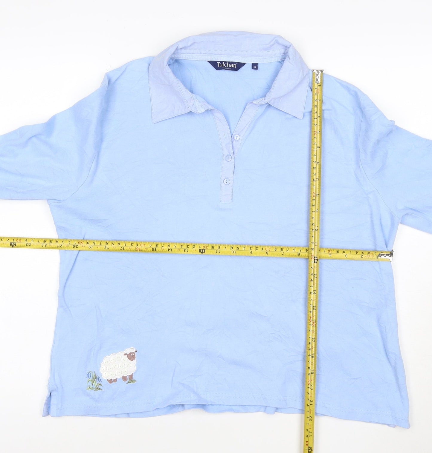 Tulchan Women Blue Cotton Polo Shirt L 3/4 Sleeve Embroidered Sheep