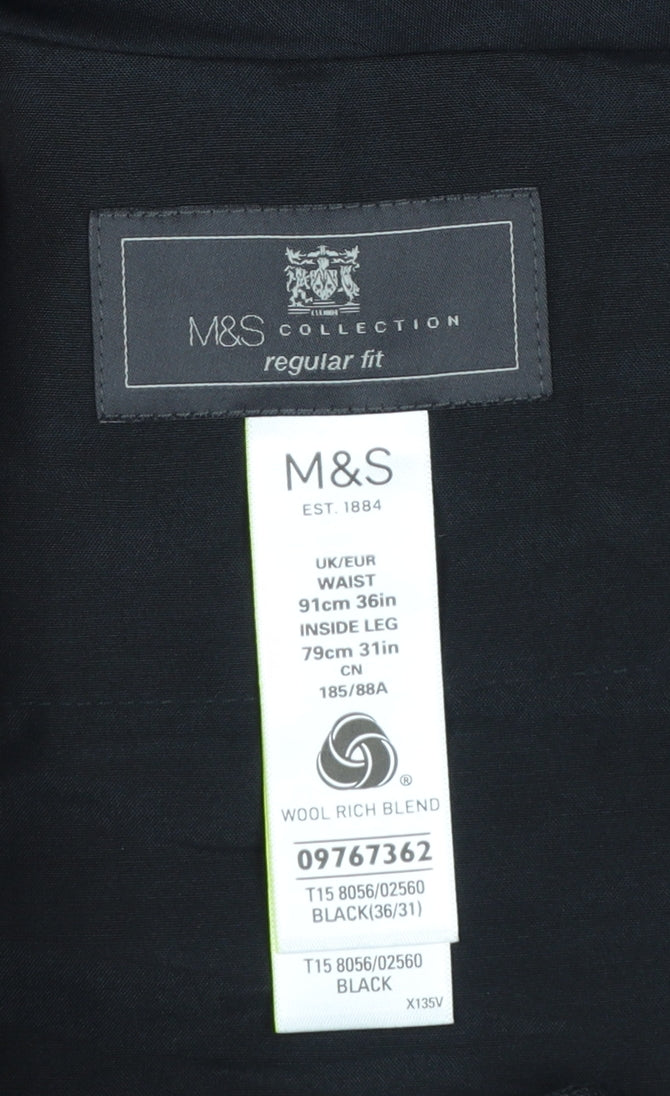 Marks and Spencer Men's Black Regular Fit Wool Blend Dress Trousers 36W 31L