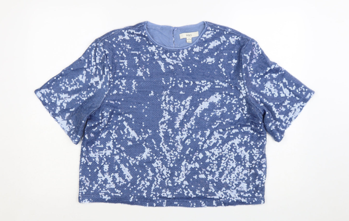 Marks and Spencer Women's Blue Sequin Cropped T-Shirt Size 14